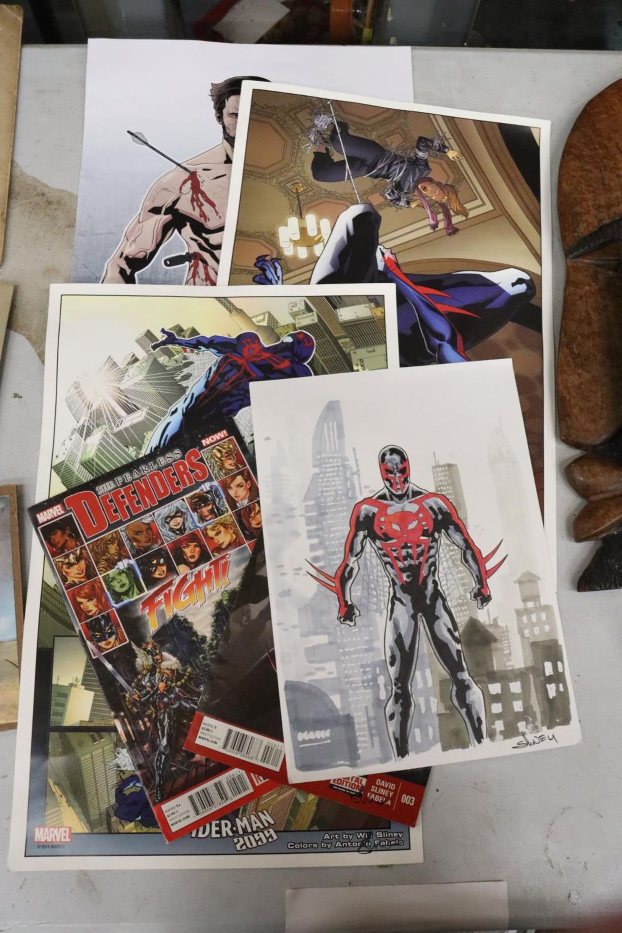 A QUANTITY OF SUPERHERO RELATED POSTERS, MAGAZINES PLUS A MIXED MEDIA PICTURE OF SPIDERMAN WITH