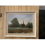 A FRAMED OIL ON BOARD OF "TOFT CHURCH" KNUTSFORD -SIGNED ( INDISTINCT SIGNATURE )