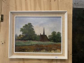 A FRAMED OIL ON BOARD OF "TOFT CHURCH" KNUTSFORD -SIGNED ( INDISTINCT SIGNATURE )