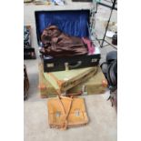 AN ASSORTMENT OF VINTAGE TRAVEL CASES AND CLOTHES ETC