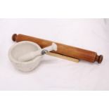A MASON CASH CERAMIC PESTLE AND MORTAR AND A 'GOURMET' ROLLING PIN AND STAND