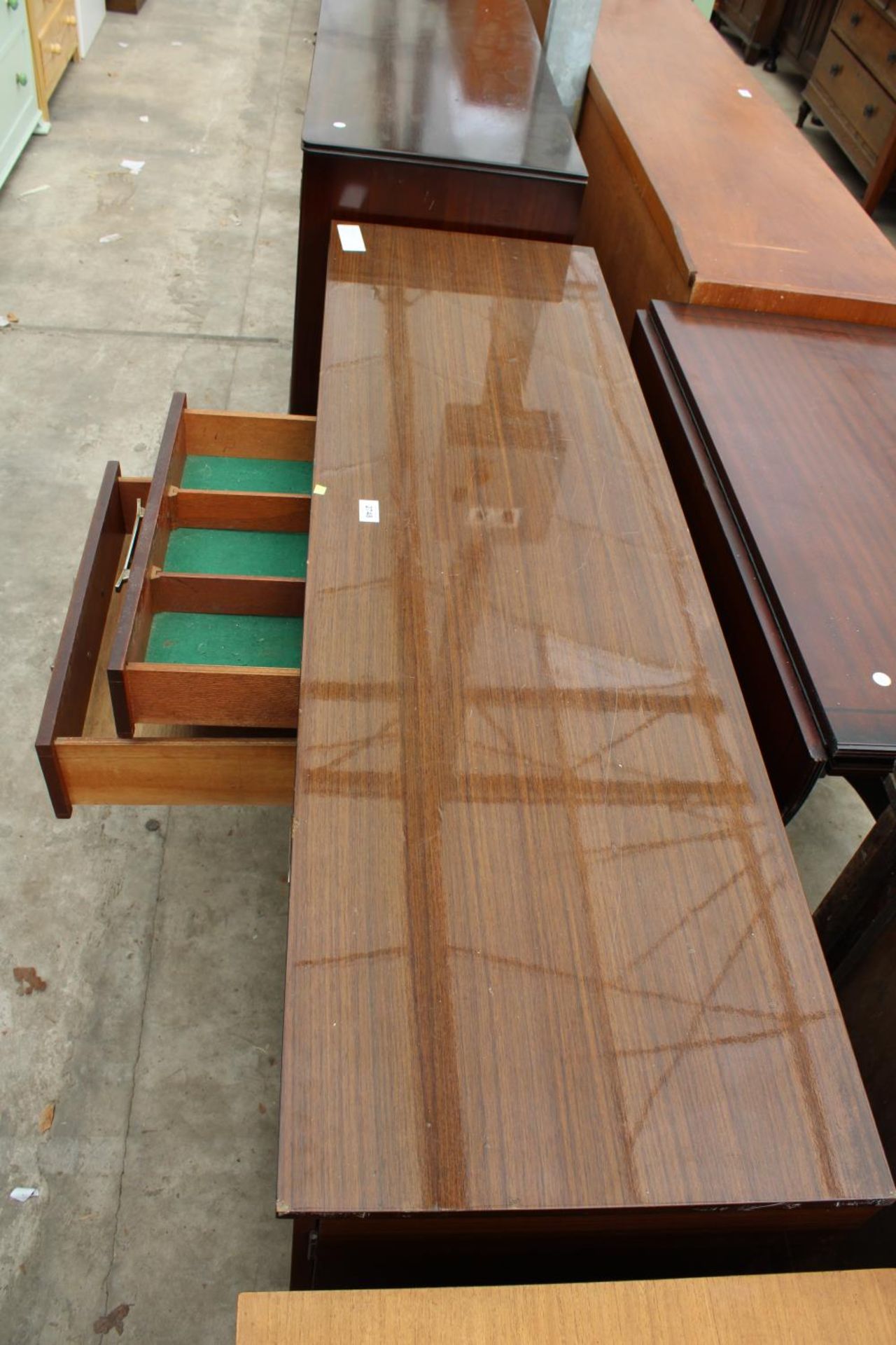 A RETRO SCHREIBER SIDEBOARD ENCLOSING THREE DRAWERS AND TWO CUPBOARDS, 59" WIDE - Image 2 of 4