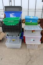 A LARGE ASSORTMENT OF PLASTIC STORAGE BOXES