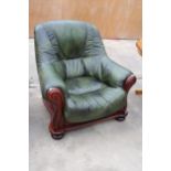 A MODERN GREEN RECOR (BELGIUM) FAUX LEATHER EASY CHAIR IN WOODEN FRAME