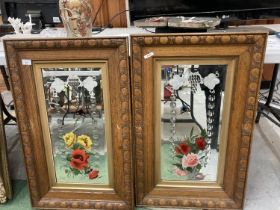 TWO OAK FRAMED DECORATIVE MIRRORS WITH FLOWERS AND BUTTERFLIES 20" X 33"