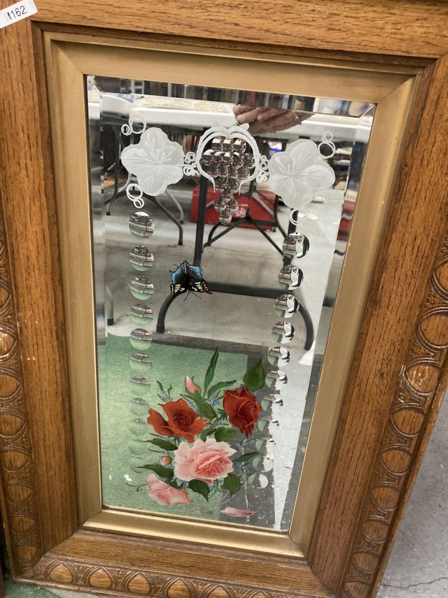 TWO OAK FRAMED DECORATIVE MIRRORS WITH FLOWERS AND BUTTERFLIES 20" X 33" - Image 2 of 3