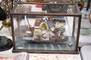 A VICTORIAN SHIPWRECK, SHIP IN A GLASS CASE, 'THE BRADFORD', LENGTH 37CM, HEIGHT 25CM, DEPTH 18CM