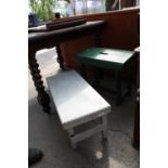 A GREEN PAINTED STOOL AND SMALL FOLDING TABLE