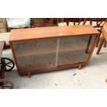 A RETRO TEAK BOOKCASE WITH 2 GLASS SLIDING DOORS, 48" WIDE