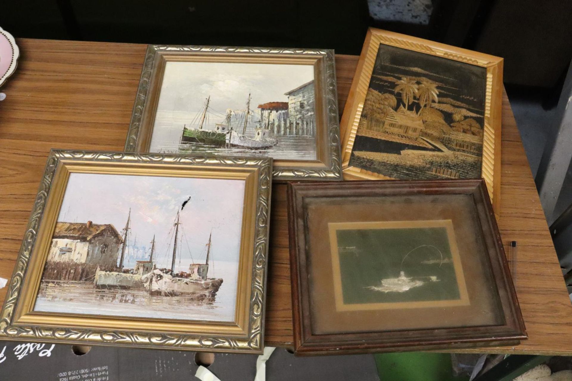TWO FRAMED OILS ON CANVAS OF BOATS, ONE A/F, A FRAMED 3-D IMAGE OF A FISHERMAN IN A BOAT, PLUS A