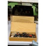 A LARGE QUANTITY OF VINTAGE BUTTONS IN BOXES PLUS HABERDASHERY ITEMS