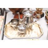 A VINTAGE SILVER PLATED COFFEE POT, MILK JUG AND SUGAR BOWL ON A TRAY