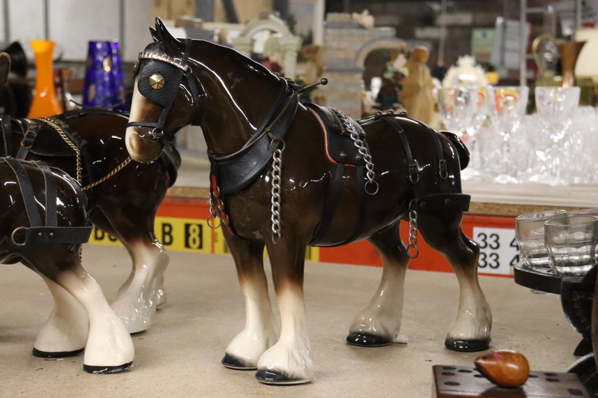 THREE LARGE CERAMIC SHIRE HORSE FIGURES WITH HARNESSES - Image 5 of 6
