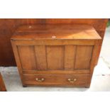 AN OAK GEORGE III BLANKET CHEST WITH 3 PANEL FRONT AND SINGLE DRAWER TO BASE, 41.5" WIDE
