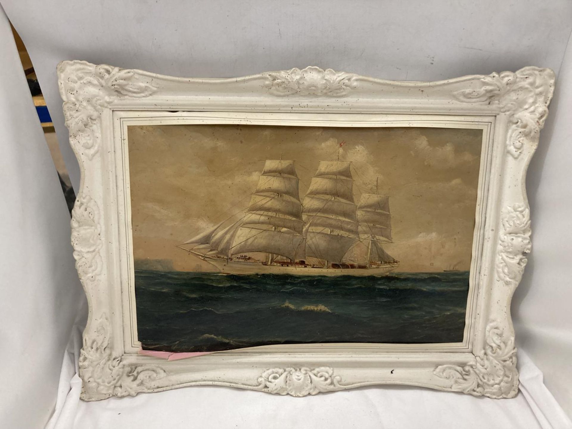 A FRAMED OIL ON BOARD OF A GALLEON SIGNED A HUMPHERYS 1914 TI LOWER LEFT HAND CORNER WITH MERSEY A