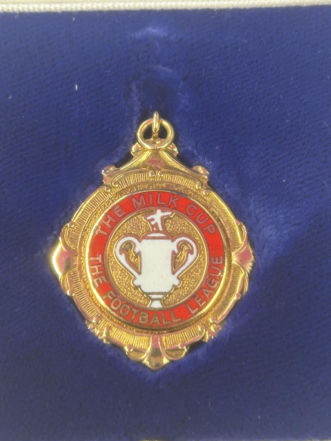 A HALLMARKED 9 CARAT GOLD & ENAMEL FOOTBALL LEAGUE MILK CUP WINNERS MEDAL 1985-1986 SEASON, BY - Bild 2 aus 5