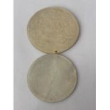 TWO VINTAGE HAND CARVED, MOTHER OF PEARL GAMING TOKENS (ONE A/F)