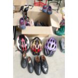 AN ASSORTMENT OF MENS AND LADIES SHOES AND THREE BIKE HELMETS