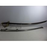 A REPLICA U.S.A CAVALRY SWORD AND SCABBARD, 86CM BLADE STAMPED U.U.ADK 1862, LENGTH 106CM