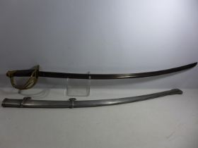 A REPLICA U.S.A CAVALRY SWORD AND SCABBARD, 86CM BLADE STAMPED U.U.ADK 1862, LENGTH 106CM