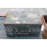 A VINTAGE WOODEN BOX WITH METAL HANDLE