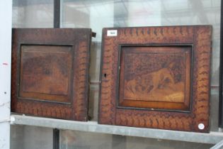 TWO VINTAGE WOODEN ETCHED BOARDS DEPICTING DOGS SIGNED AND DATED HUDSON 1893 TO THE BOTTOM RIGHT