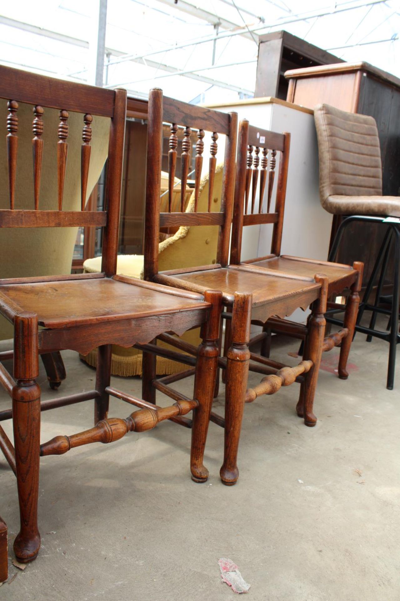 THREE 19TH CENTURY ELM DINING CHAIRS WITH TURNED SPINDLES AND SOLID SEATS - Image 2 of 3