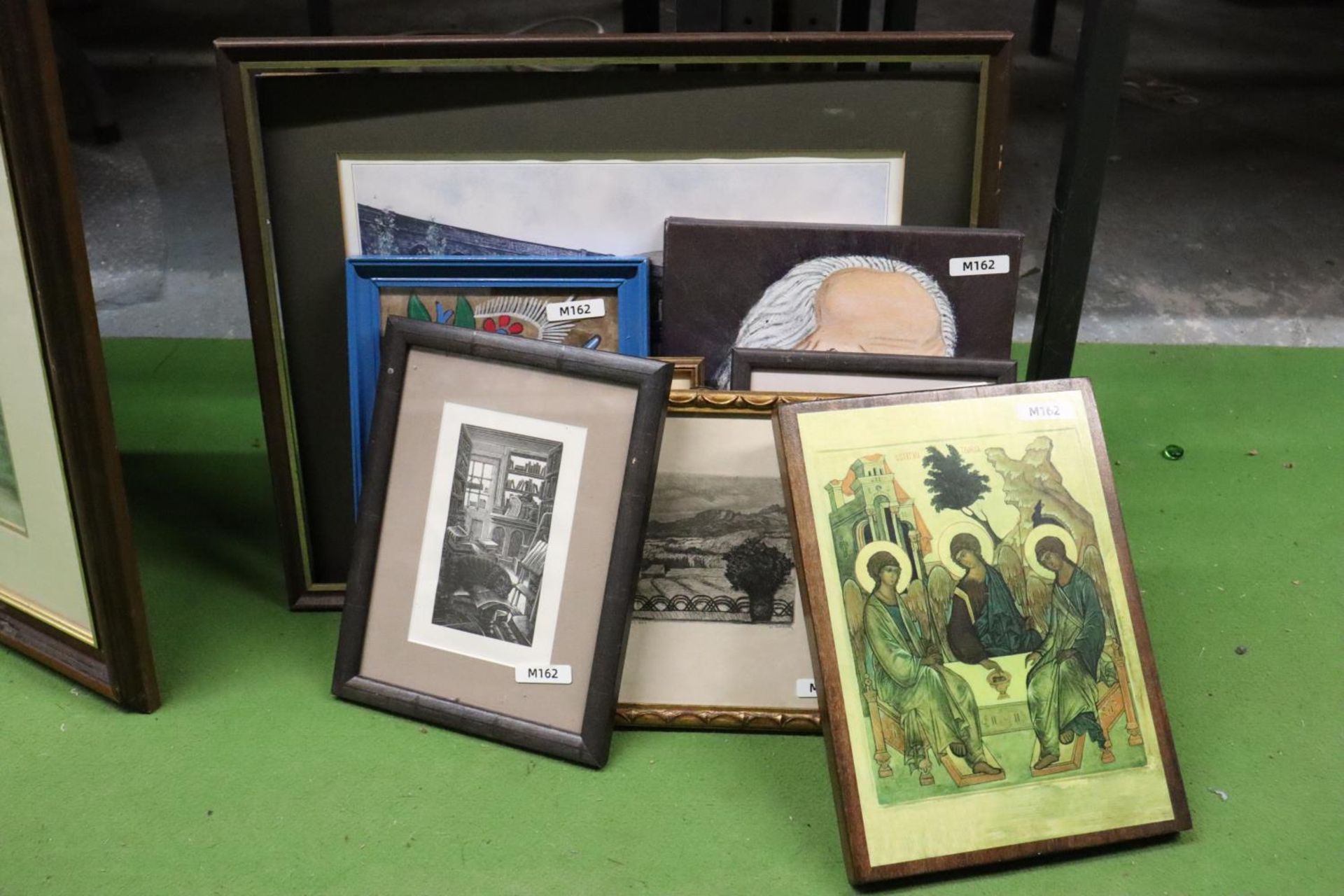 EIGHT SMALL PRINTS, ENGRAVINGS AND AN OIL