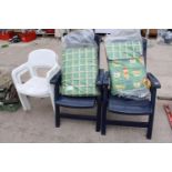 TWO PLASTIC RECLINING CHAIRS AND TWO PLASTIC STACKING CHAIRS