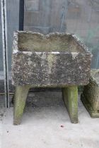 A SQUARE RECONSTITUTED STONE PLANTER WITH PEDESTAL BASE (H:49CM)