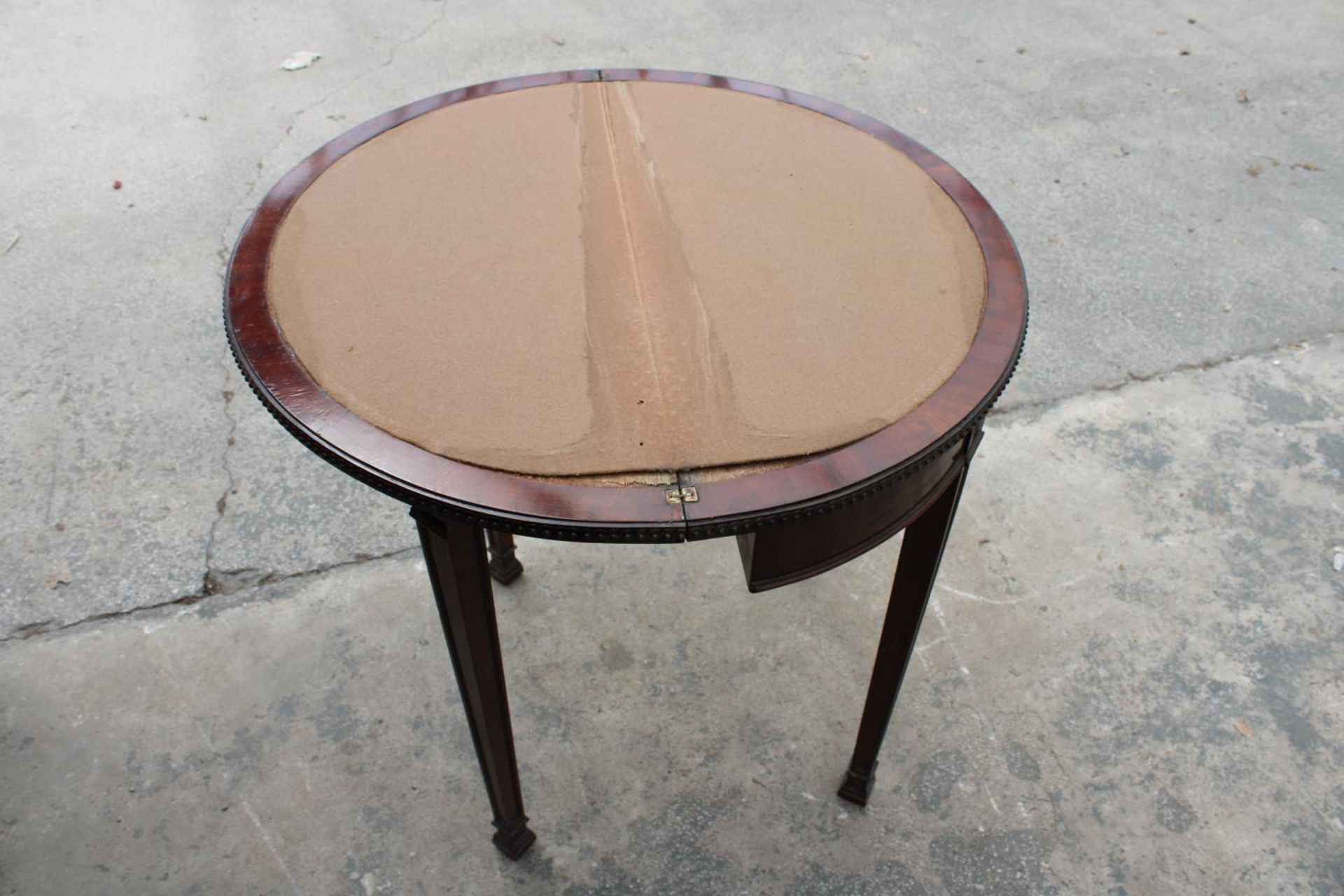 A 19TH CENTURY STYLE DEMI-LUNE GAMES TABLE, POSSIBLY BY WARING AND GILLOW, 28" WIDE - Image 3 of 6