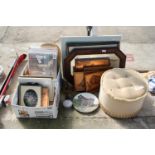 AN ASSORTMENT OF ITEMS TO INCLUDE A FOOT STOOL AND PRINTS ETC