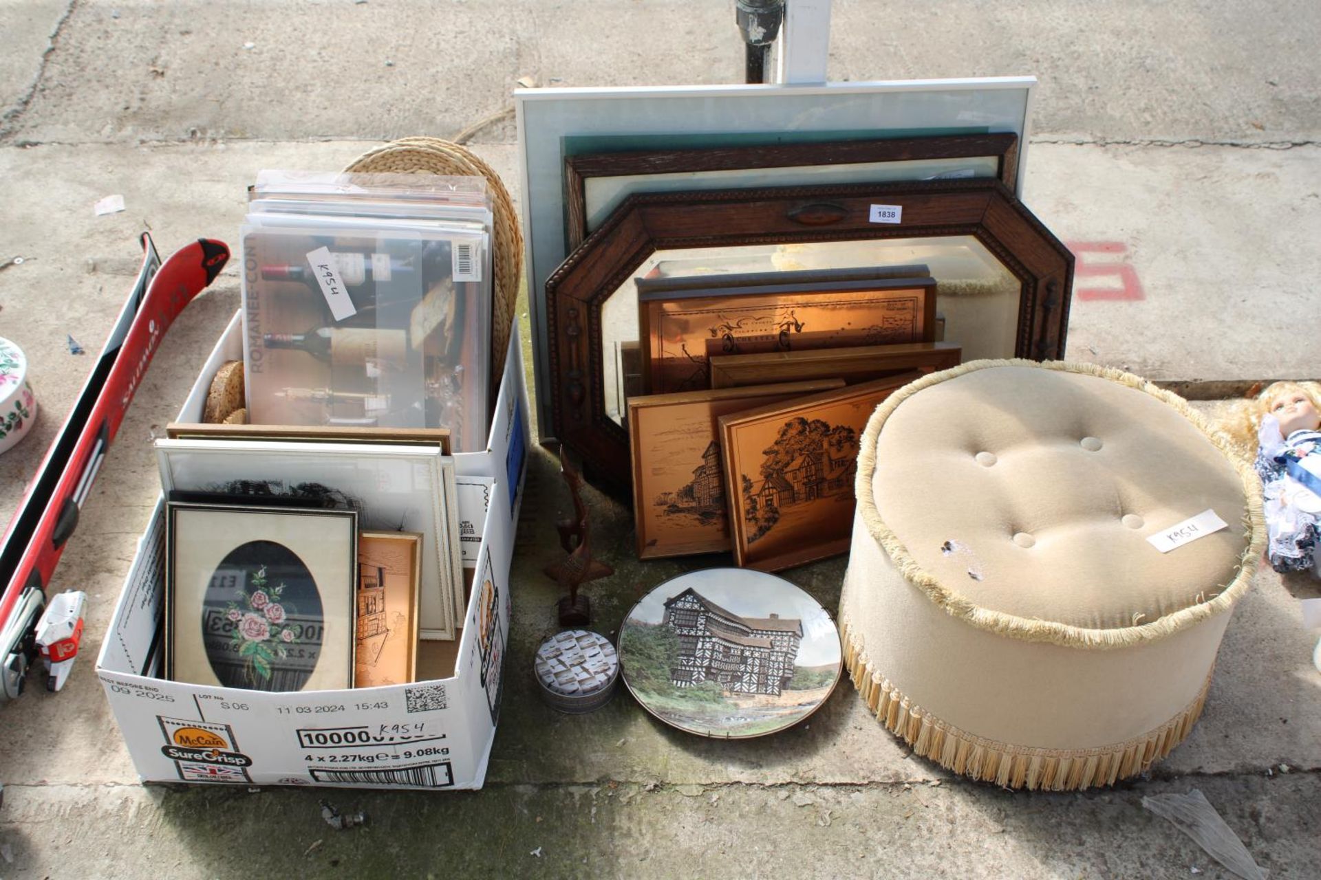 AN ASSORTMENT OF ITEMS TO INCLUDE A FOOT STOOL AND PRINTS ETC