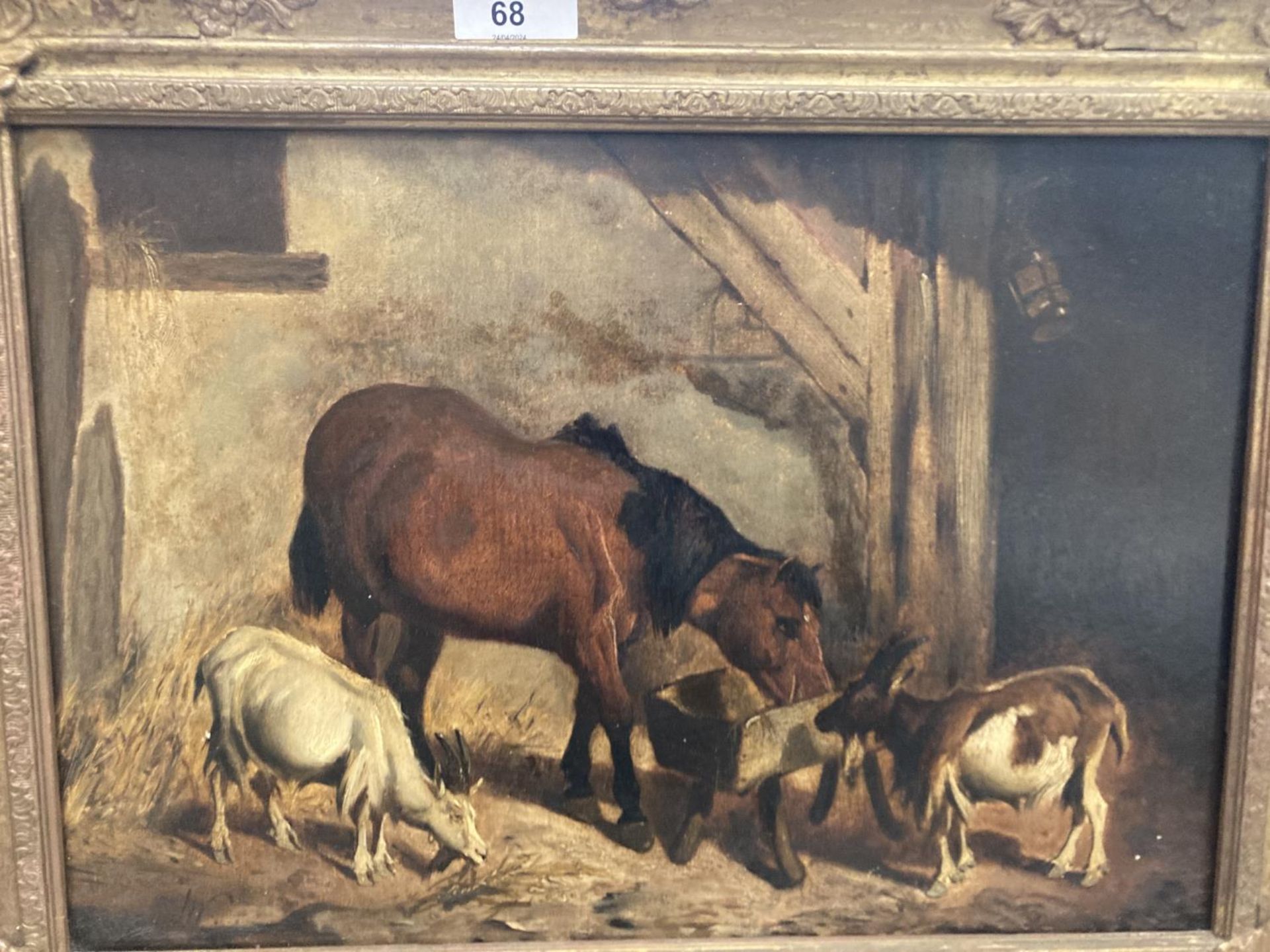 A GILT FRAMED OIL ON BOARD OF A HORSE IN A STABLE WITH TWO GOATS 11" X 15.5" - Image 2 of 4