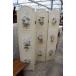 A MODERN FOUR DIVISION SCREEN WITH FLORAL PAINTED PANELS, EACH PANEL 71" X 16"