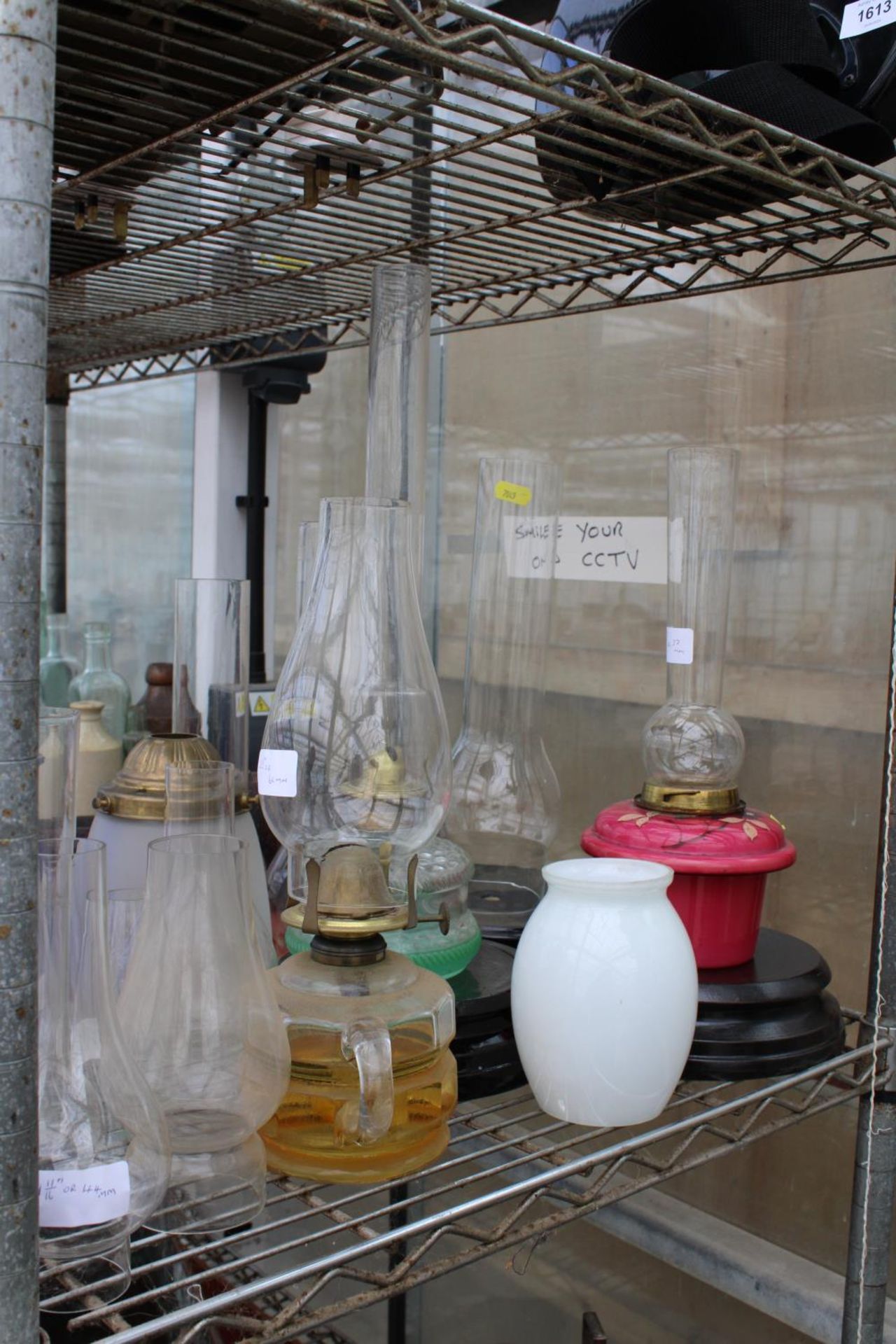 AN ASSORTMENT OF VINTAGE GLASS OIL BURNERS, SHADES AND FUNNELS - Image 2 of 3