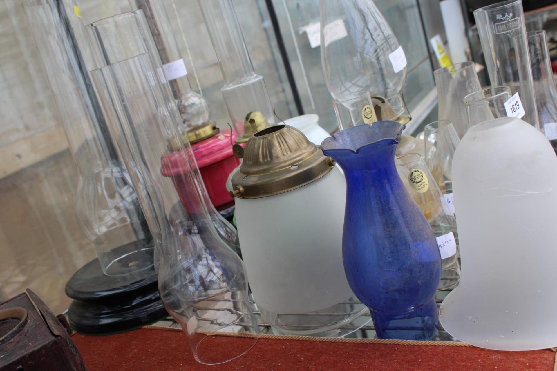 AN ASSORTMENT OF VINTAGE GLASS OIL BURNERS, SHADES AND FUNNELS - Image 3 of 3