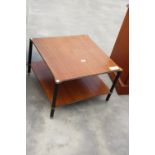 A RETRO TEAK TWO TIER COFFEE TABLE ON BLACK LEGS, 24" SQUARE