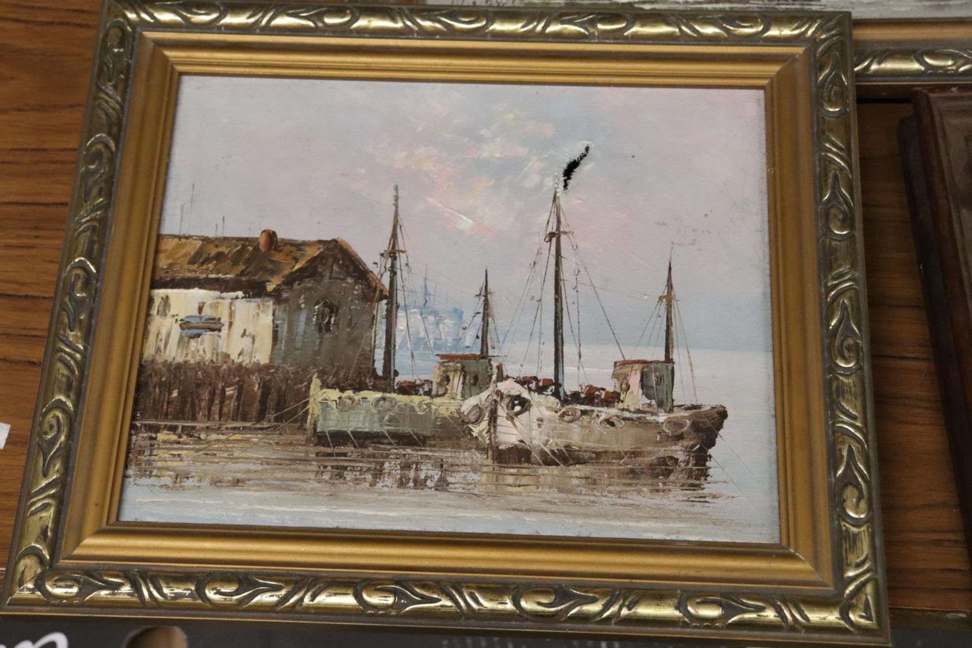 TWO FRAMED OILS ON CANVAS OF BOATS, ONE A/F, A FRAMED 3-D IMAGE OF A FISHERMAN IN A BOAT, PLUS A - Image 2 of 5