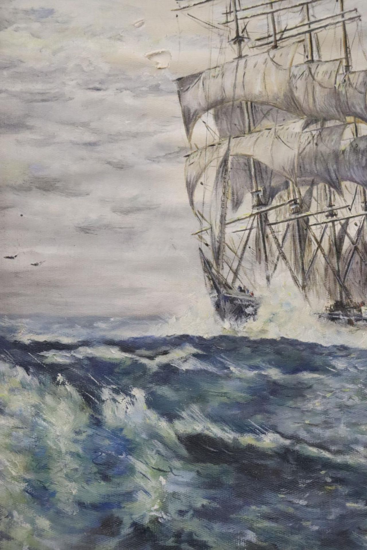 A SIGNED FRAMED OIL ON CANVAS OF A SAILING SHIP ON STORMY SEAS - Image 2 of 5