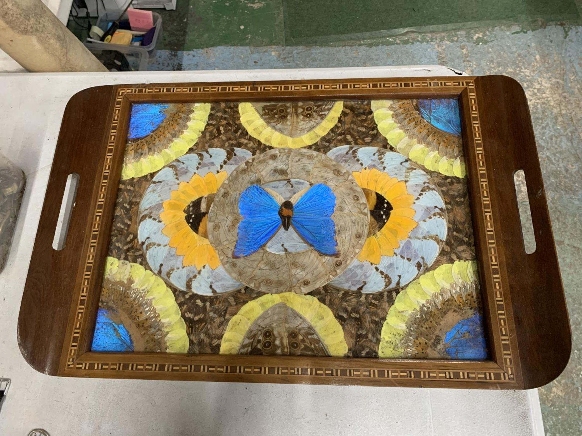 A VINTAGE INLAY WOODEN TRAY WITH BUTTERFLIES