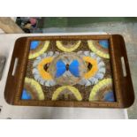A VINTAGE INLAY WOODEN TRAY WITH BUTTERFLIES