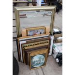 AN ASSORTMENT OF FRAMED PRINTS AND A MIRROR