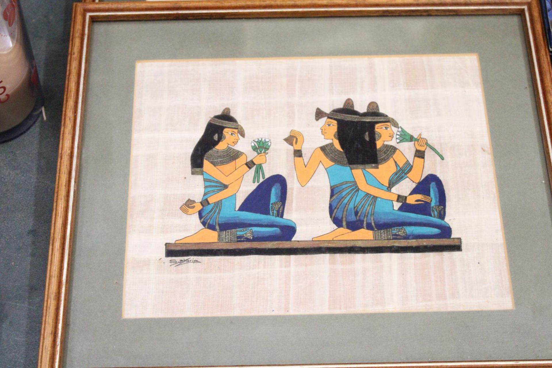 FOUR FRAMED ANCIENT EGYPTIAN DEPICTIONS ON COTTON - Image 3 of 5