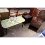 A 1970'S COFFEE TABLE ON BLACK LEGS, OAK SEWING BOX WITH FOLD-OVER TOP SECTION AND SMALL 2 DOOR