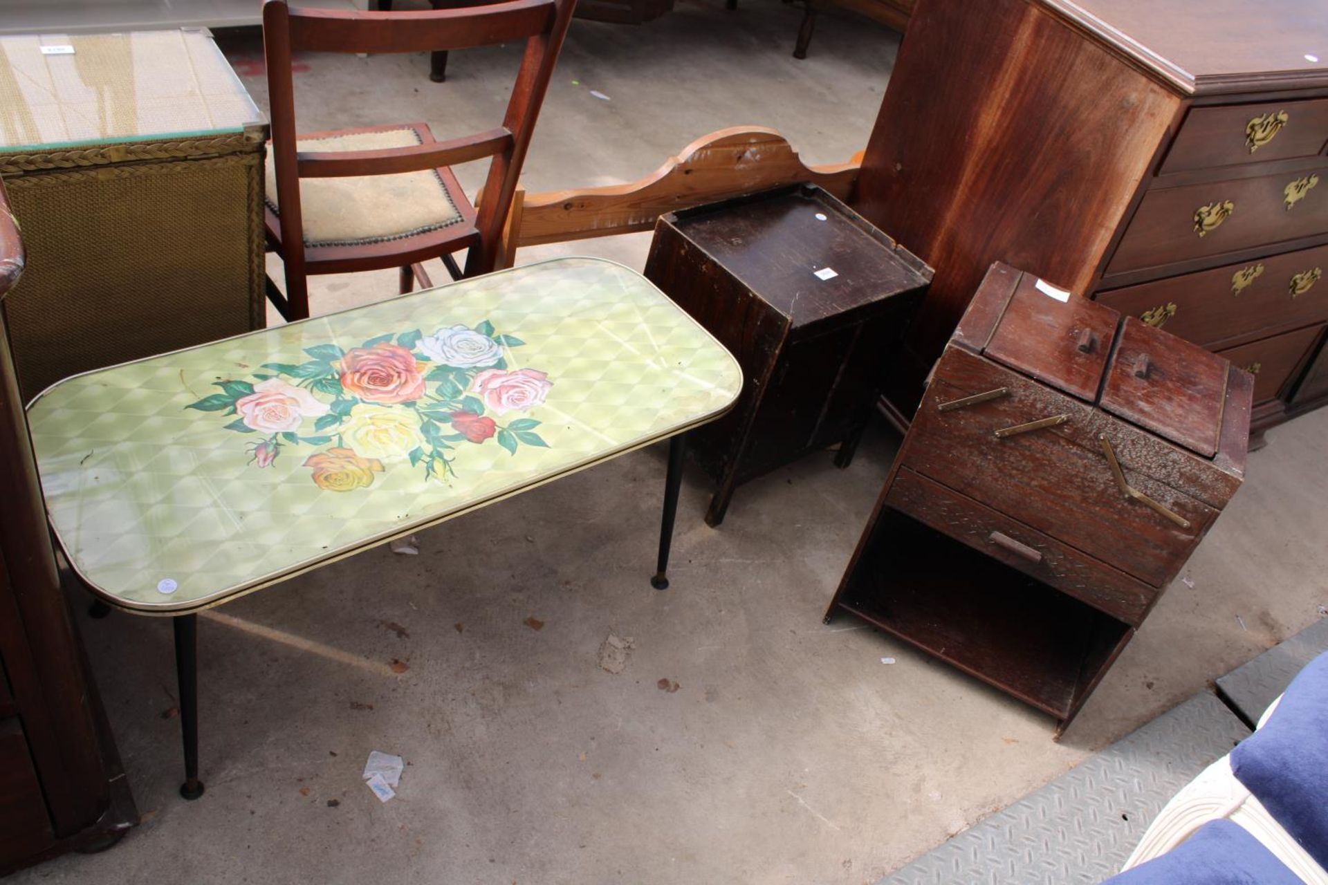 A 1970'S COFFEE TABLE ON BLACK LEGS, OAK SEWING BOX WITH FOLD-OVER TOP SECTION AND SMALL 2 DOOR