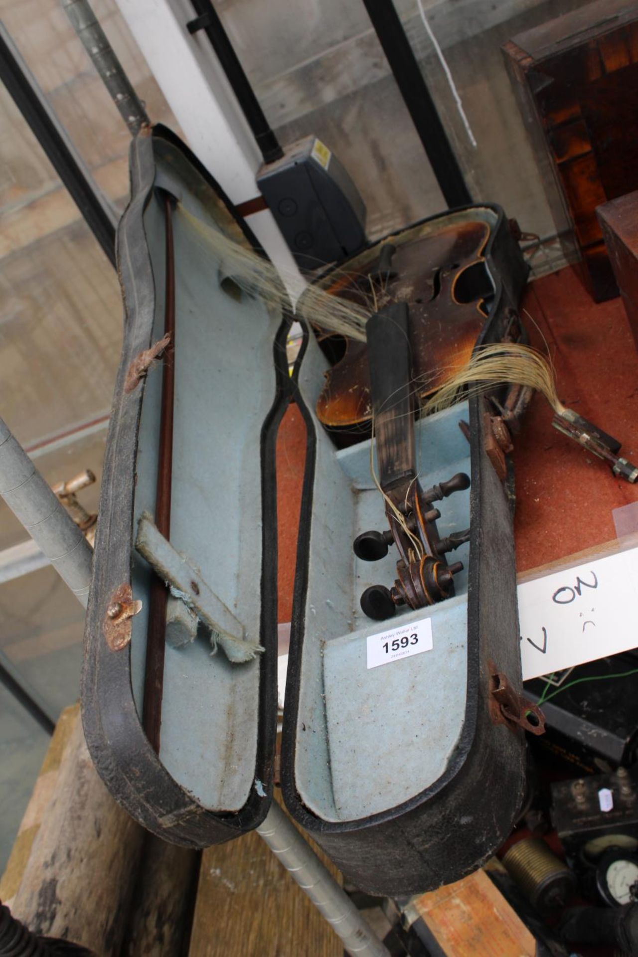 A VINTAGE CASED VIOLIN WITH BOW FOR RESTORATION