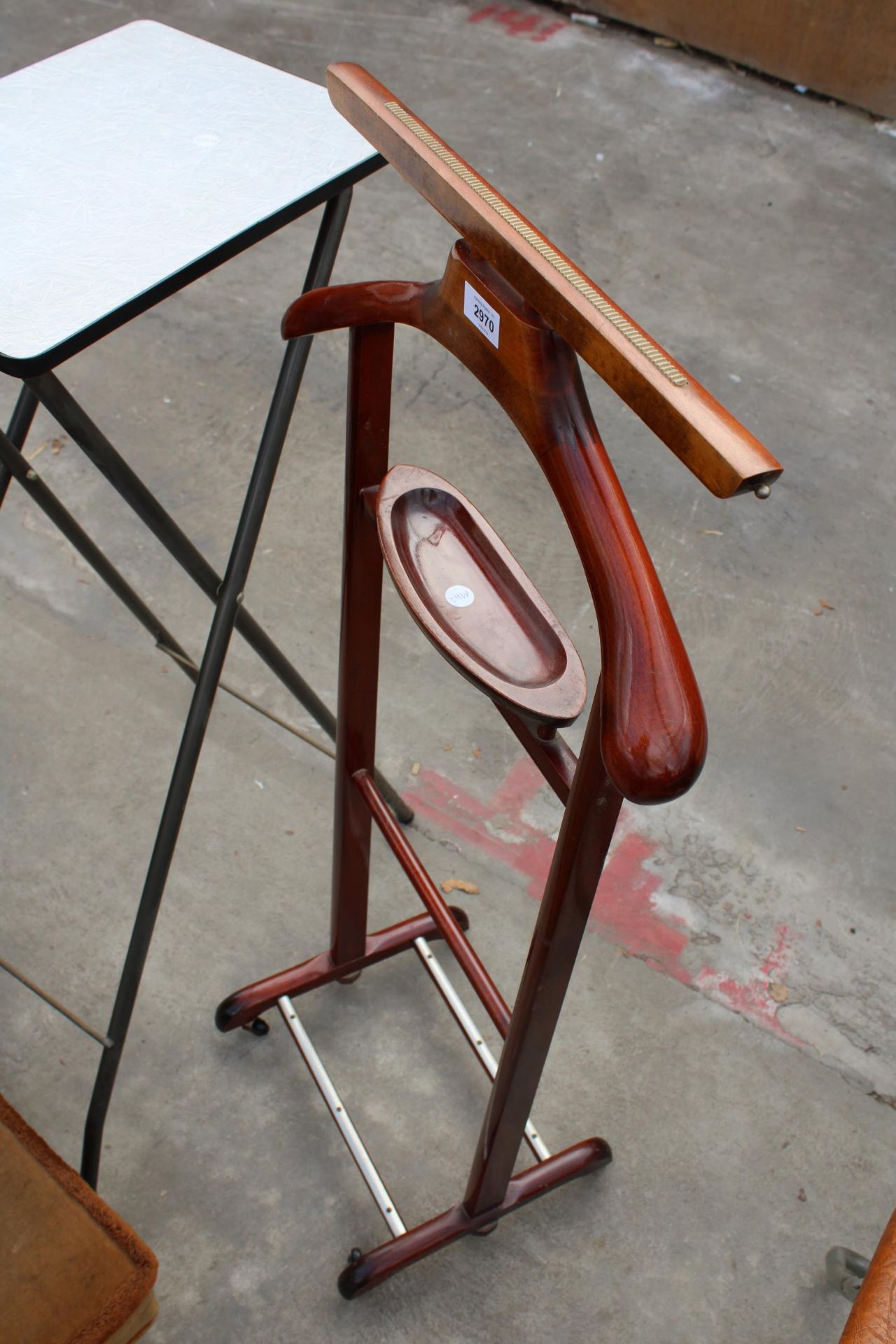 THREE ITEMS TO INCULE AN UPHOLSTERED FOOTSTOOL, A MAHOGANY SUIT STAND AND A TALL SIDE TABLE - Image 2 of 3