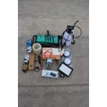 AN ASSORTMENT OF ITEMS TO INCLUDE DOOR FURNITURE, A GARDEN KNEELER AND LIGHTS ETC