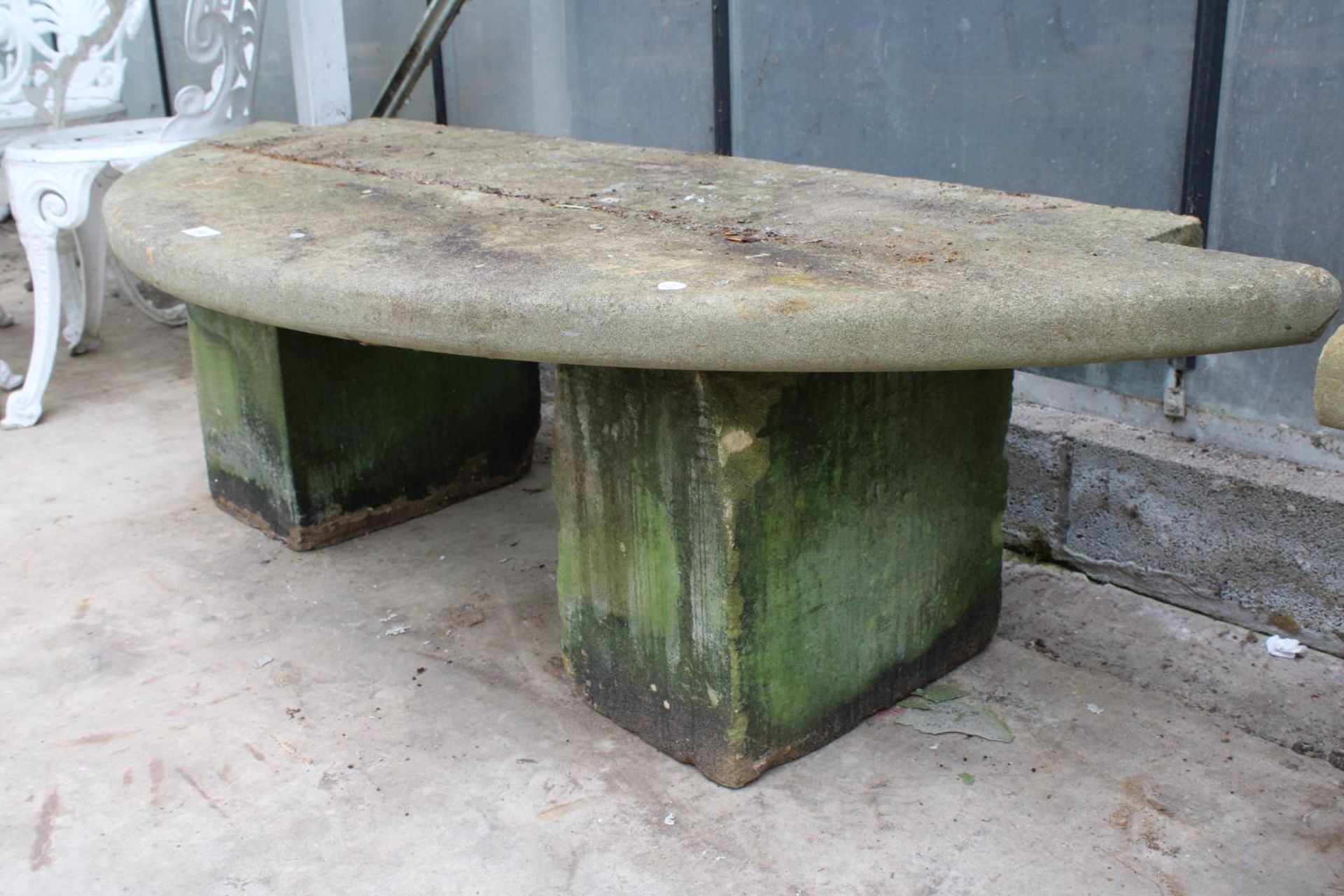 A YORK STONE BENCH WITH TWO PEDESTAL BASES (L:148CM) - Image 4 of 4
